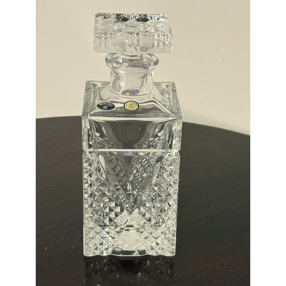 Bohemia Czech Crystal Whiskey Decanter 24% Lead Glass 10.5" Square Stopper